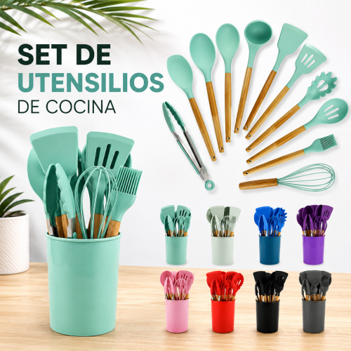 Set de 12 utensilios de cocina con recipiente organizador y mangos en acabado tipo madera, ideal para uso diario en la cocina. Venta por mayoreo