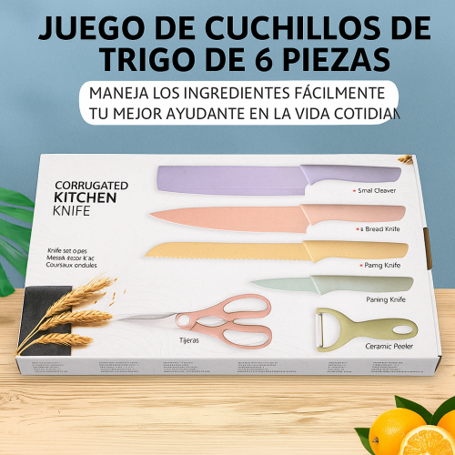 Juego de cuchillos de cocina ecológicos de trigo – Set de 6 piezas con tijeras y pelador – Hojas afiladas y mango ergonómico para cortar, pelar y rebanar fácilmente – Diseño moderno multicolor Venta al por mayor  CJ-2044