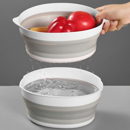Escurridor plegable de silicona, 2 niveles con almacenamiento de agua, diseño compacto, ideal para cocina, fácil de guardar, venta por mayoreo, CJ-2068