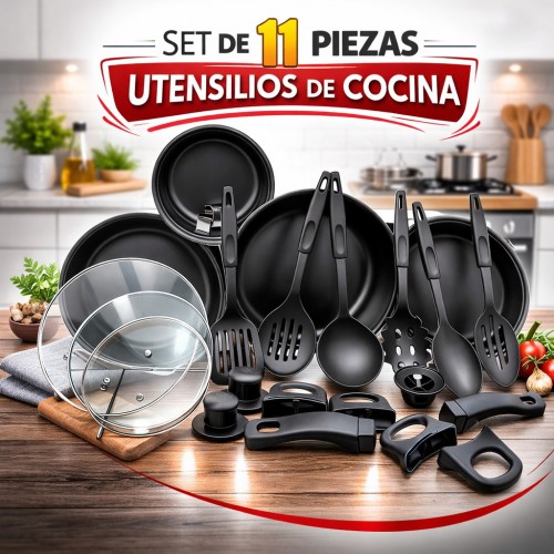 Juego de Ollas y Utensilios de Cocina 11 Piezas Antiadherente por Mayoreo - CJ-2079