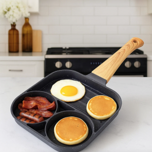 Sartén grill multifuncional con 3 compartimentos y mango desmontable. Ideal para huevos, carnes y desayunos. Venta al por mayor CJ-2082