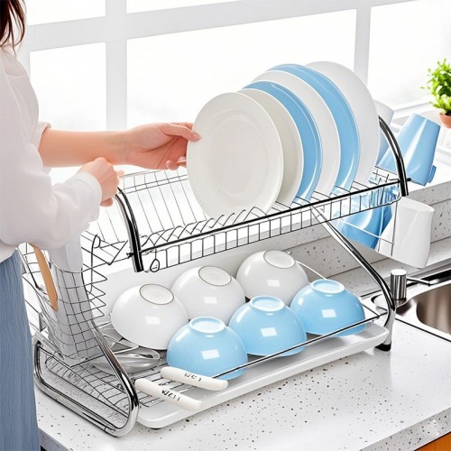 Escurridor de platos de acero inoxidable con dos niveles, porta cubiertos y escurridor lateral. Diseño funcional, resistente y moderno para tu cocina. Venta al por mayor CJ-2084