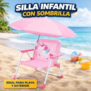 Silla infantil plegable con sombrilla diseño unicornio por mayoreo