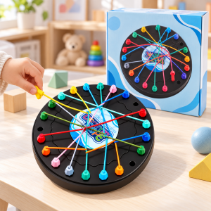 Juego educativo de plástico con tablero circular, cuerdas y piezas de colores para realizar retos de desenredo. Venta por mayoreo