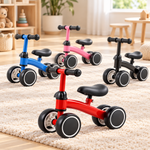 Bicicleta de equilibrio infantil sin pedales, con cuatro ruedas, asiento, manubrio y presentaciones en colores surtidos. Venta por mayoreo