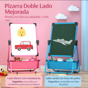Pizarrón infantil de doble cara ideal para dibujo, escritura y aprendizaje temprano. Incluye caballete resistente y espacio de almacenamiento. Perfecto para niños, escuelas, guarderías y uso en el hogar. Venta al por mayor.