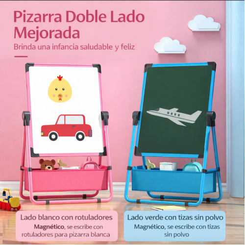 Pizarrón infantil de doble cara ideal para dibujo, escritura y aprendizaje temprano. Incluye caballete resistente y espacio de almacenamiento. Perfecto para niños, escuelas, guarderías y uso en el hogar. Venta al por mayor.