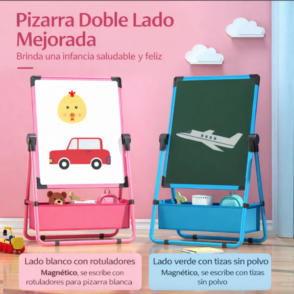 Pizarrón infantil de doble cara ideal para dibujo, escritura y aprendizaje temprano. Incluye caballete resistente y espacio de almacenamiento. Perfecto para niños, escuelas, guarderías y uso en el hogar. Venta al por mayor.