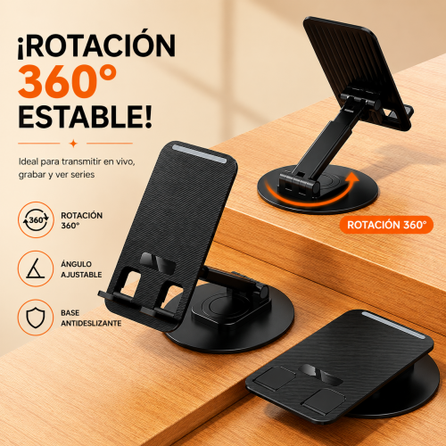Soporte de Escritorio para Celular y Tablet, Rotación 360°, Ajustable en Altura e Inclinación, Base Antideslizante Plegable Ideal para Oficina, Hogar, Clases en Línea y Videollamadas, Mayoreo  CL-BA-818 