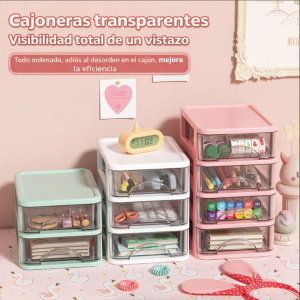 Mini caja organizadora transparente de doble nivel con cajones, ideal para maquillaje, papelería y accesorios. Tamaño 12x13x18 cm Venta al por mayor. CL-BD8802