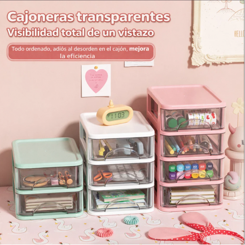 Mini caja organizadora transparente de doble nivel con cajones, ideal para maquillaje, papelería y accesorios. Tamaño 12x13x18 cm Venta al por mayor. CL-BD8802