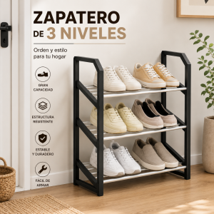 Zapatero organizador de 3 niveles ideal para almacenar calzado y ahorrar espacio en el hogar. Venta por mayoreo
