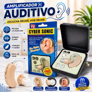 Amplificador auditivo Cyber Sonic compacto y ligero, con estuche protector y accesorios incluidos para apoyo auditivo de uso personal. Venta por mayoreo