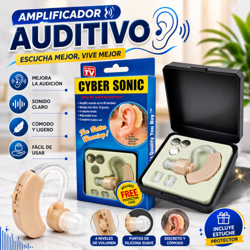 Amplificador auditivo Cyber Sonic compacto y ligero, con estuche protector y accesorios incluidos para apoyo auditivo de uso personal. Venta por mayoreo Amplificador auditivo Cyber Sonic compacto y ligero, con estuche protector y accesorios incluidos para apoyo auditivo de uso personal. Venta por mayoreo