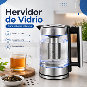 Hervidor eléctrico de vidrio con infusor interno de 2 litros para preparar bebidas calientes. Venta por mayoreo