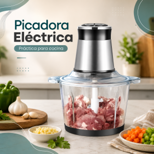 Picadora eléctrica de alimentos con recipiente transparente y diseño práctico para cocina, ideal para preparar ingredientes de forma rápida y sencilla. Venta por mayoreo