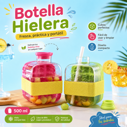 Molde de hielo portátil con diseño tipo botella, capacidad de 500 ml, colores variados. Venta por mayoreo Molde de hielo portátil con diseño tipo botella, capacidad de 500 ml, colores variados. Venta por mayoreo