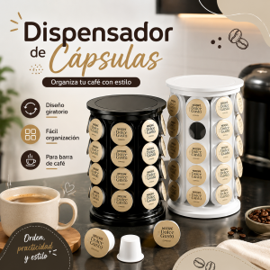 Dispensador giratorio para cápsulas de café con diseño vertical, ideal para organizar cápsulas en cocina, oficina o barra de café. Venta por mayoreo
