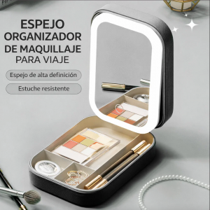 Espejo LED portátil con estuche organizador para maquillaje, luz táctil integrada y diseño compacto. Ideal para tocador, viajes y uso diario. Venta al por mayor. CL-LED1481