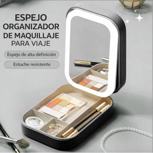 Espejo LED portátil con estuche organizador para maquillaje, luz táctil integrada y diseño compacto. Ideal para tocador, viajes y uso diario. Venta al por mayor. CL-LED1481