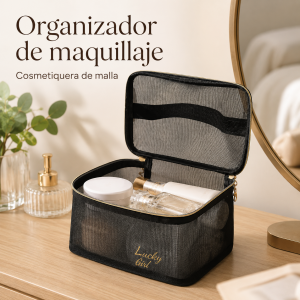 Cosmetiquera organizadora de malla, ideal para guardar maquillaje y accesorios. Venta por mayoreo