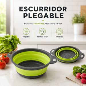 Escurridor plegable para cocina ideal para frutas, verduras y alimentos. Diseño colapsable que ahorra espacio. Colores variados. Venta por mayoreo