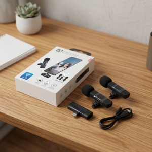 Micrófono inalámbrico doble con un receptor, dos micrófonos de solapa y cable de carga, ideal para grabaciones y contenido digital. Venta por mayoreo