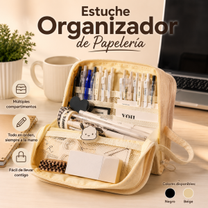 Estuche organizador tipo carpeta con cierre, con compartimentos internos para papelería y accesorios. Ideal para escuela, oficina y reventa. Venta por mayoreo