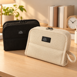 Estuche organizador de lona, con compartimentos internos para papelería y accesorios. Venta por mayoreo