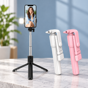 Palo Selfie Extensible de 1.8 m con Luz de Relleno Tripié y Colores Rosa o Blanco por Mayoreo