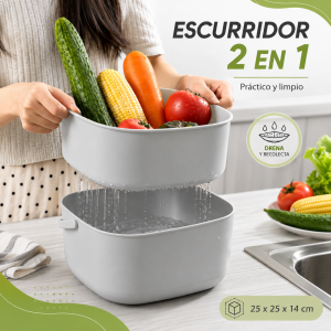 Escurridor 2 en 1 con canasta superior y base recolectora, ideal para lavar y escurrir frutas, verduras y alimentos en la cocina. Venta por mayoreo