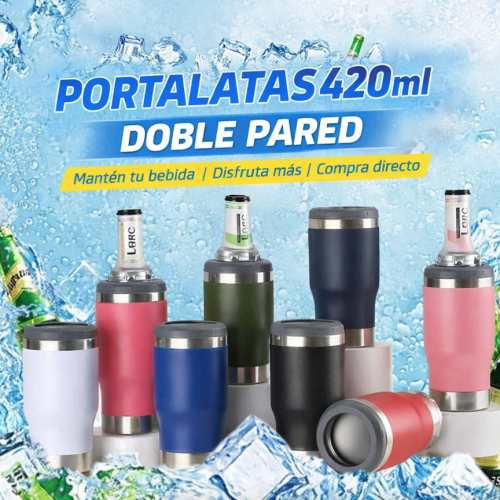 Portalatas térmico de acero inoxidable con capacidad de 420 ml. Mantiene bebidas frías por más tiempo, ideal para latas y botellas, colores variados. Venta por mayoreo CL-TE350.