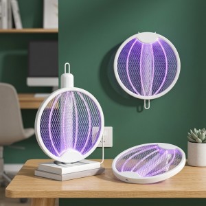 Raqueta mata mosquitos recargable con diseño convertible para uso de pie, sobre mesa o instalada en pared. Ideal para el hogar. Venta por mayoreo