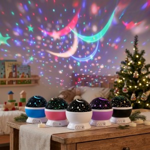 Lámpara proyectora grande con diseños multicolor de estrellas y lunas, ideal para crear iluminación ambiental en habitaciones y eventos. Venta por mayoreo