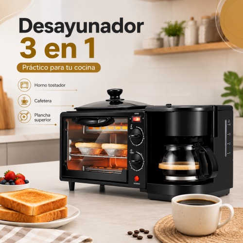 Electrodoméstico 3 en 1 con horno, freidora y cafetera integrada. Ideal para preparar alimentos y café en un solo equipo, práctico y funcional para el hogar. Venta por mayoreo CL-YH-2005.