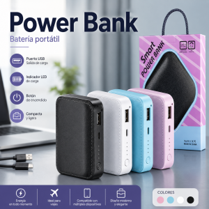 Power bank portátil con acabado tipo piel, botón e indicador de carga y puerto USB. Disponible en varios colores, incluye caja. Venta por mayoreo