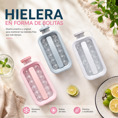 Hielera en forma de bolitas tipo botella, ideal para preparar bolitas de hielo y mantener bebidas frías. Colores surtidos. Venta por mayoreo