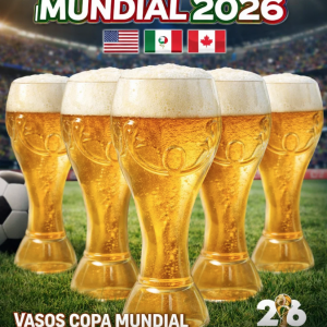 Vaso tipo copa inspirado en el trofeo del mundial ideal para bebidas en fiestas, bares y eventos deportivos. Perfecto para aficionados al fútbol. Venta por mayoreo.
