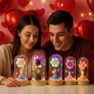 Flor decorativa con figura de princesa y luz LED integrada, presentada en cúpula transparente con base. Venta por mayoreo CQ-02006