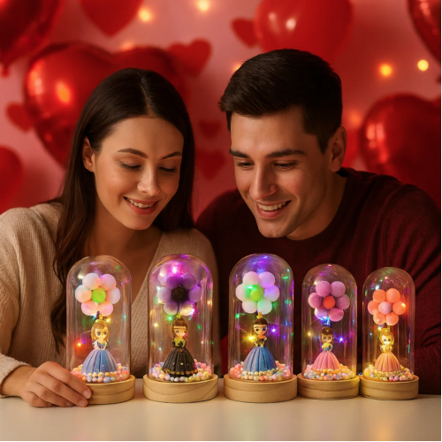 Flor decorativa con figura de princesa y luz LED integrada, presentada en cúpula transparente con base. Venta por mayoreo CQ-02006