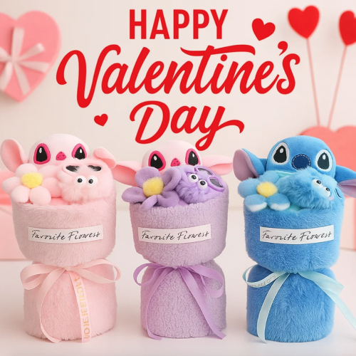 Peluche mini Stitch con base tipo ramo y flores suaves. Modelo CQ-3001. Ideal para regalar y decoración para San Valentin. Venta al por mayor 