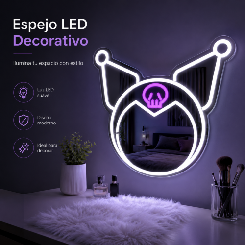 Espejo decorativo con iluminación LED neón y diseño moderno. Ideal para recámaras, estudios y decoración juvenil. Por Mayoreo 