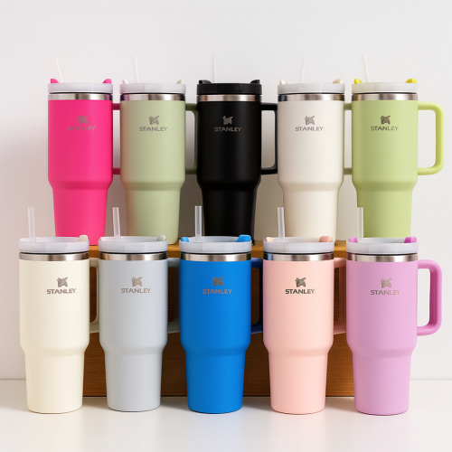 Vaso térmico tipo Stanley con popote y asa, capacidad 40 oz, colores surtidos, ideal para bebidas frías o calientes, venta por mayoreo CU-021