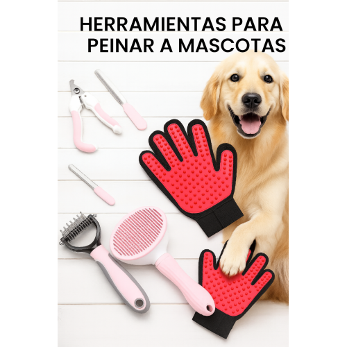 Set completo de 5 piezas para el cuidado de mascotas. Incluye cepillo para pelo, peine desenredante, cortaúñas, lima y guante removedor de pelo venta al por mayor CW109