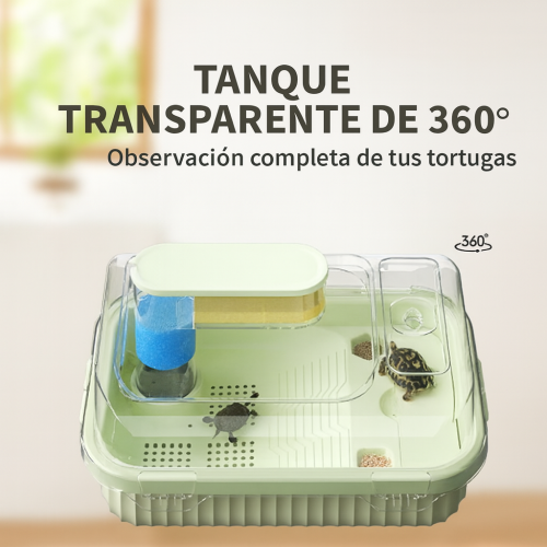 Tanque transparente con diseño de 360° para la observación completa de tortugas. Incluye área de descanso elevada, espacio para agua, alimentos y filtro esponja venta al por mayor CW92