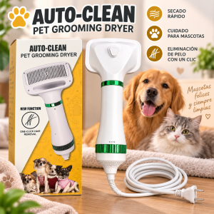 Secador para mascotas con función Auto-Clean y eliminación de pelo con un clic, ideal para el cuidado de perros y gatos. Venta por mayoreo