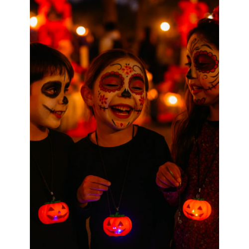 Collar de calabaza halloween con luz led intermitente, ideal para niños, fiestas y eventos nocturnos, modelo D-21636, venta por mayoreo