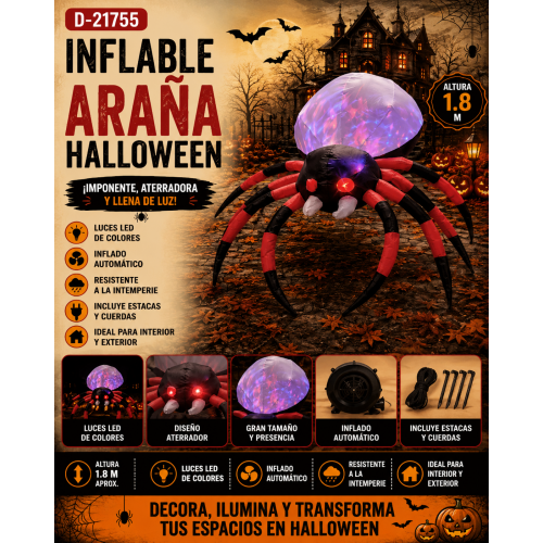 Inflable Araña Halloween Gigante con Luces LED de Colores 1.8 m D-21755