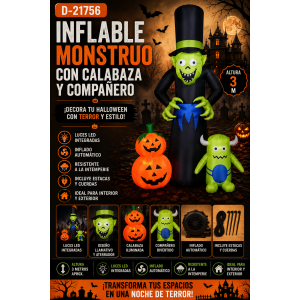 Inflable Monstruo Halloween con Calabaza y Compañero 3 m con Luces LED D-21756