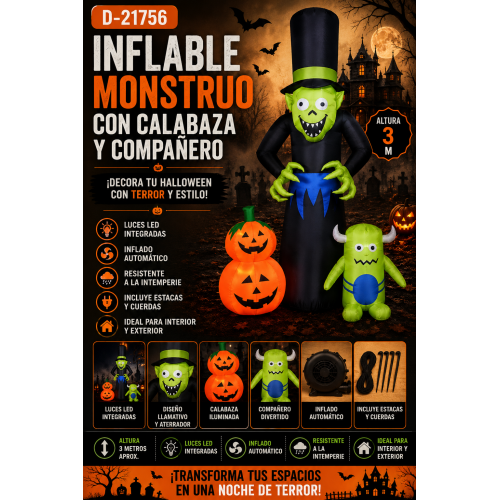 Inflable Monstruo Halloween con Calabaza y Compañero 3 m con Luces LED D-21756